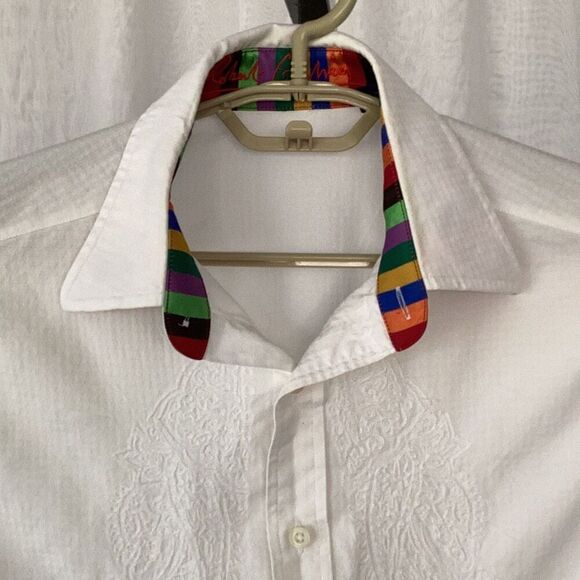 Robert Graham Embroidered White Flip Cuff Shirt Men’s Medium Long Sleeve - Picture 12 of 13